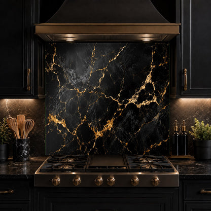 Close-up of the high-gloss, grout-free surface of a noir marble tempered glass backsplash panel.