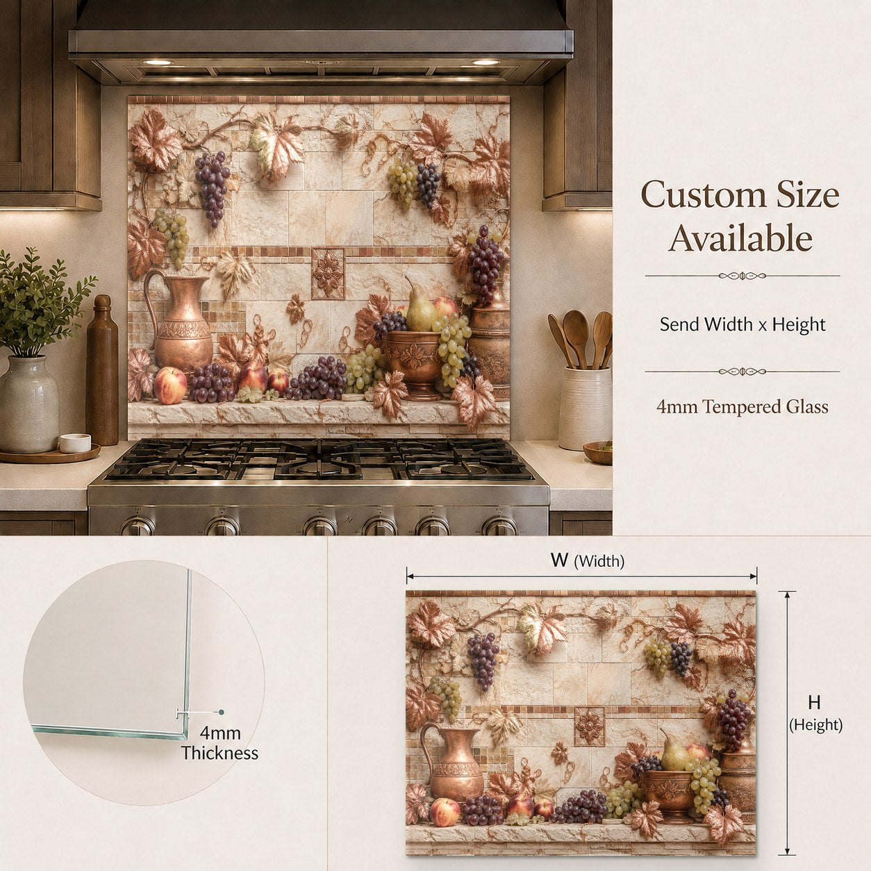 Heat-resistant Tuscan Copper glass stove guard protecting kitchen walls from grease splatters.