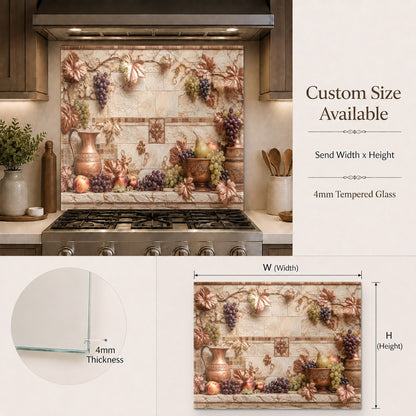 Heat-resistant Tuscan Copper glass stove guard protecting kitchen walls from grease splatters.