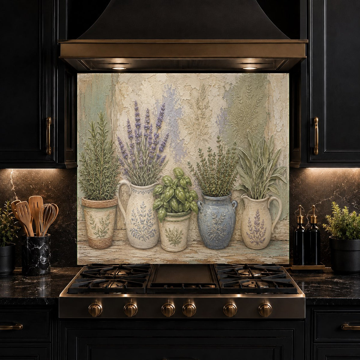 Vibrant pot flowers tempered glass backsplash close-up showing high gloss finish