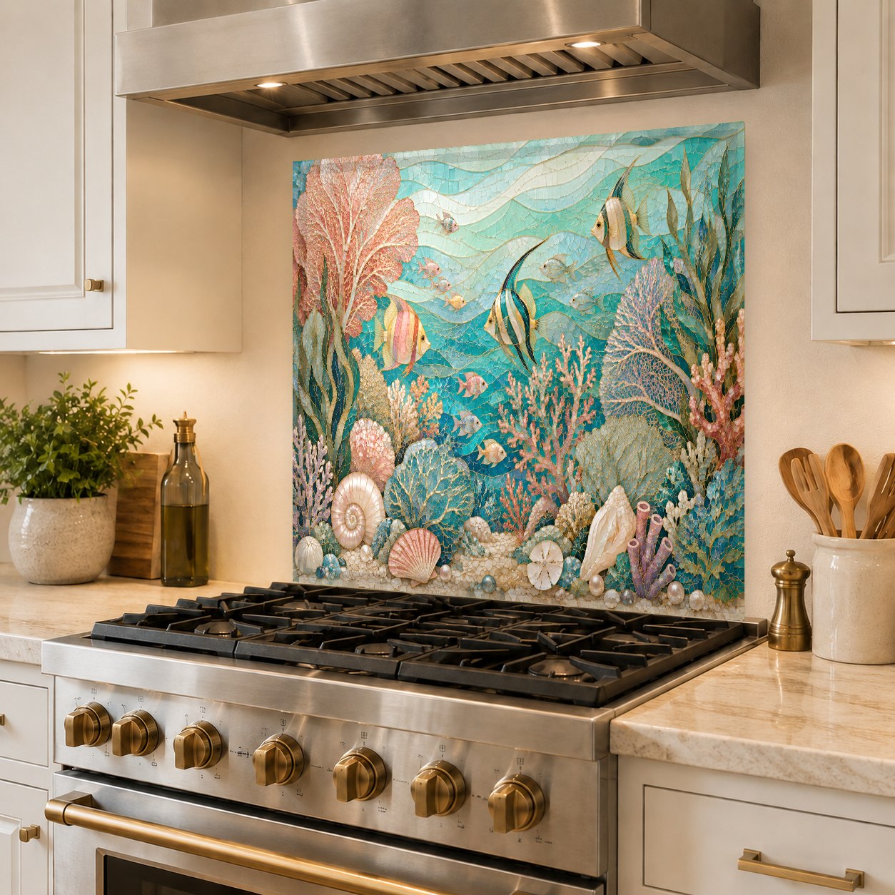 Bright kitchen featuring a coastal beach style tempered glass backsplash