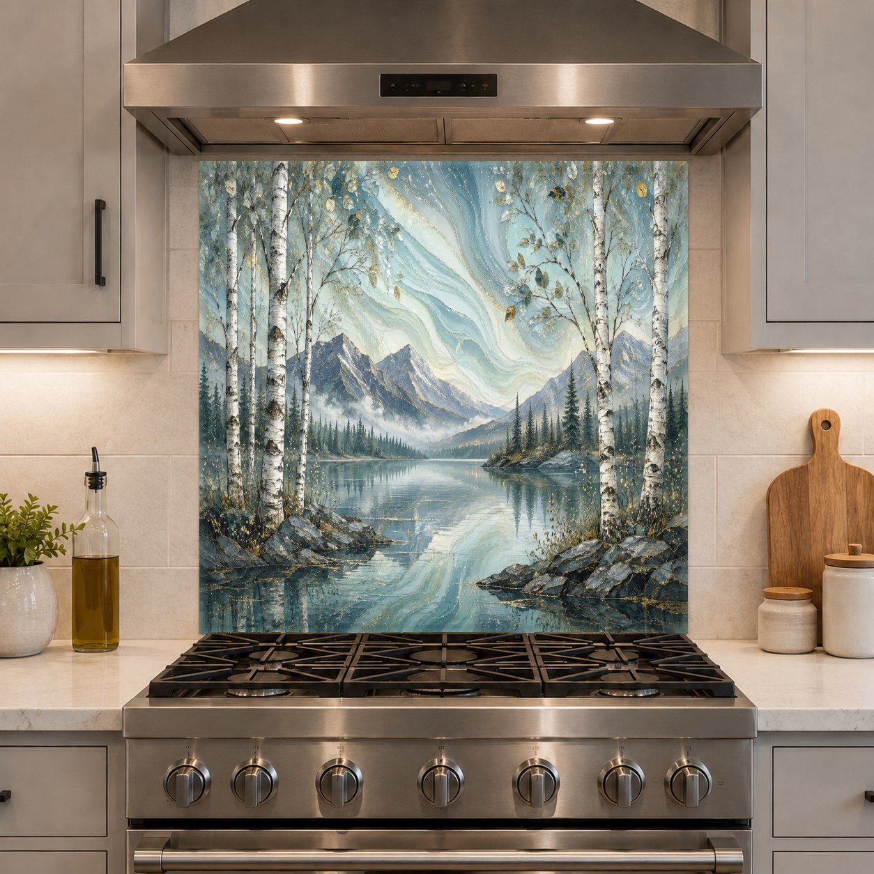 Modern kitchen island wall featuring a stunning Great Lake panoramic tempered glass backsplash panel.