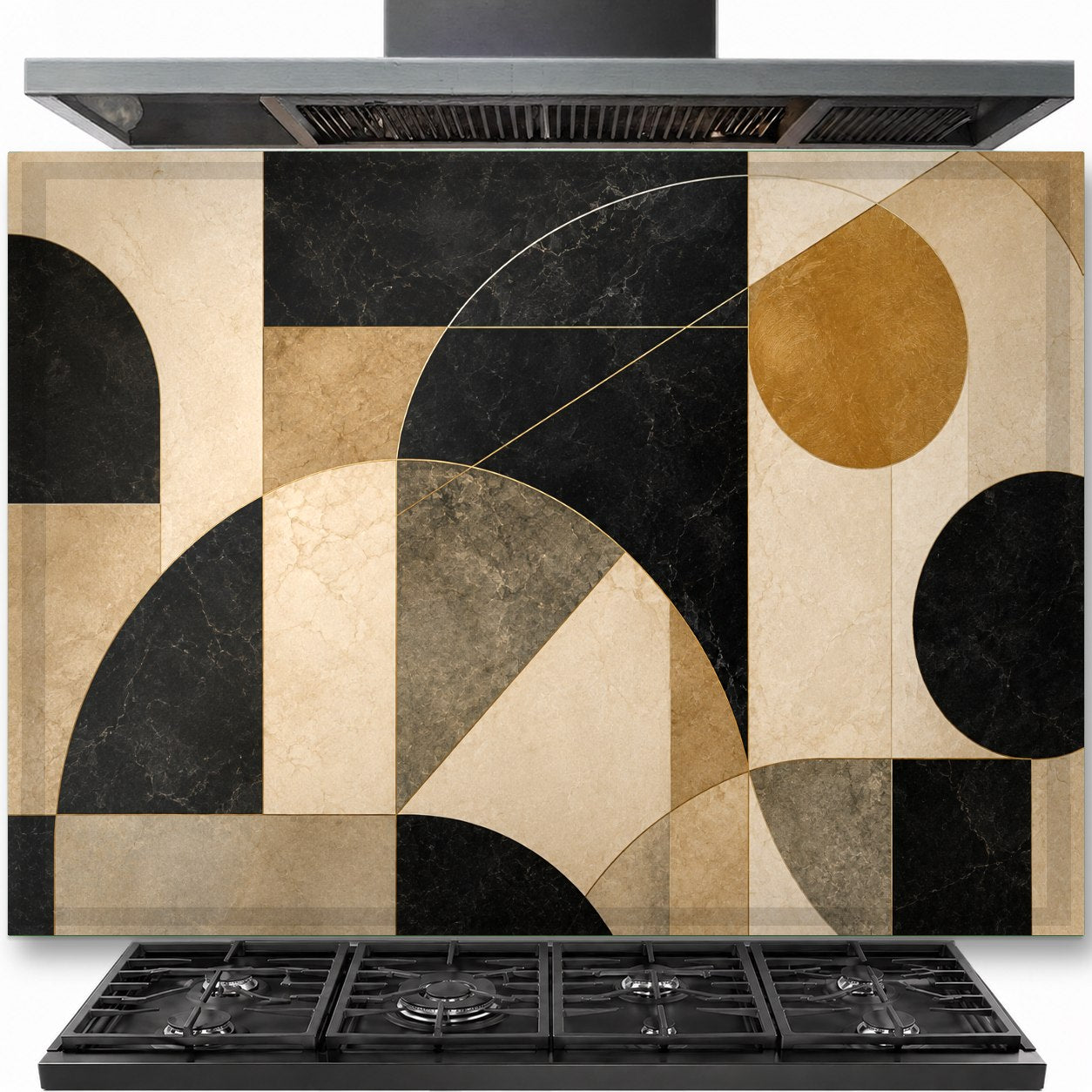 Modern geometry tempered glass backsplash installed behind a sleek induction cooktop in a contemporary kitchen.