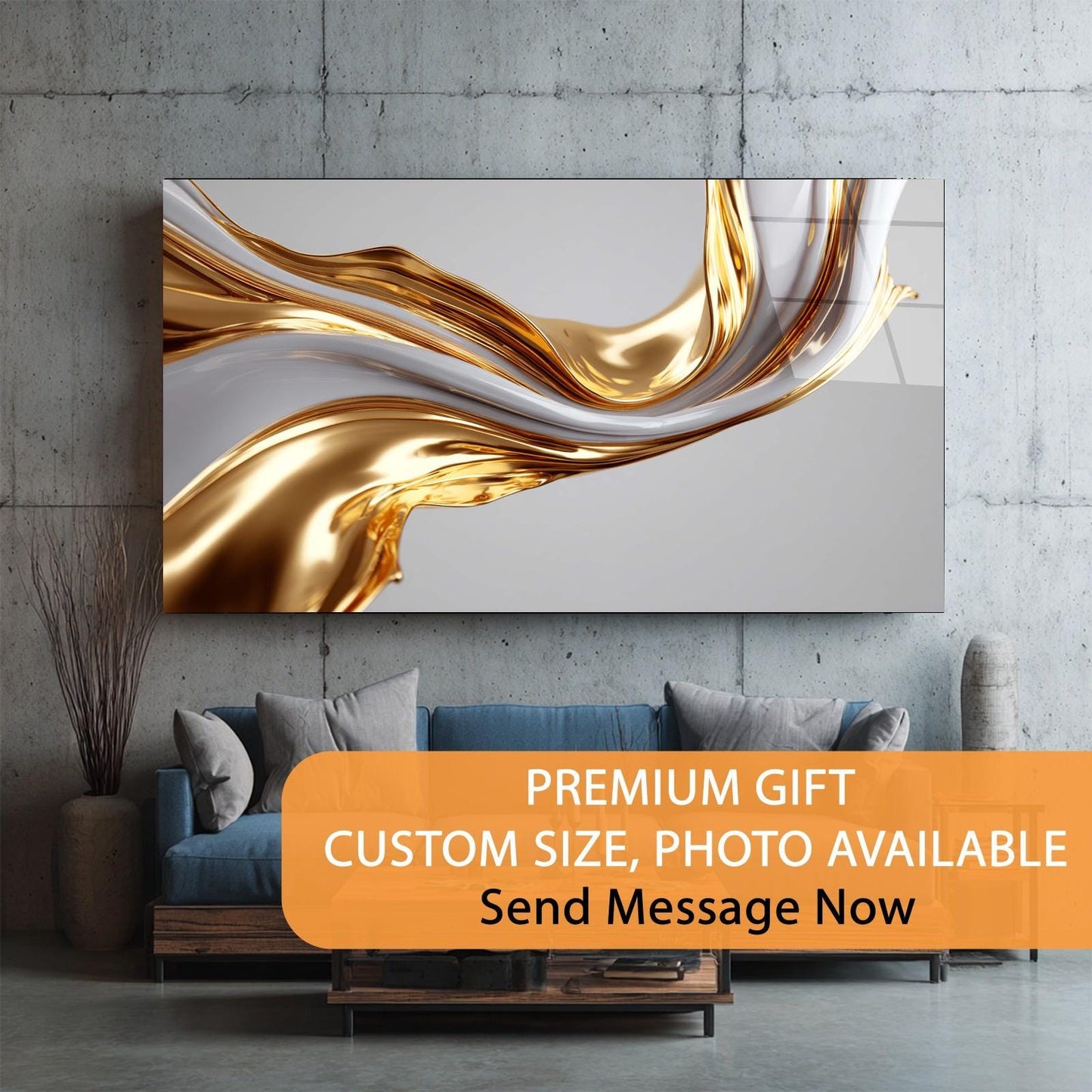 Abstract gold and white painting on a wall above a sofa with promotional text overlay.
