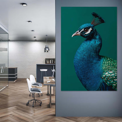 Modern office interior with a peacock painting on the wall