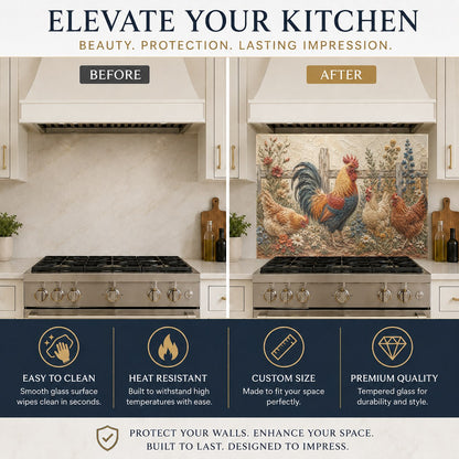 Farmhouse rooster glass backsplash protecting sink wall from splashes