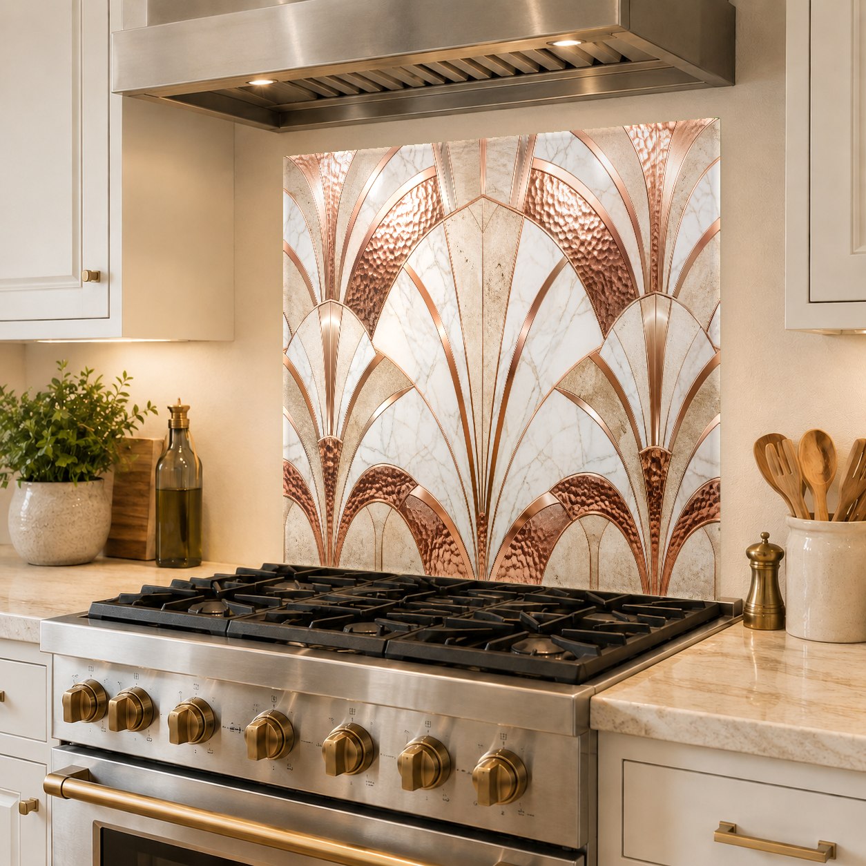 Durable tempered glass kitchen backsplash reflecting light in a newly remodeled kitchen space