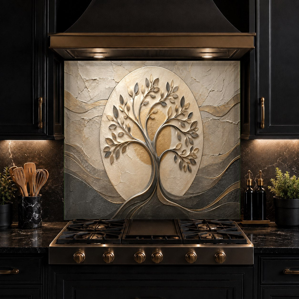 Durable heat-resistant glass backsplash with tree motif behind stove