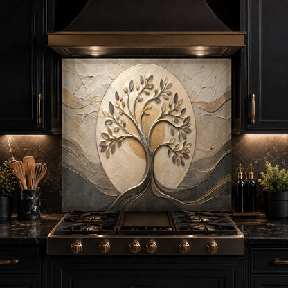 Durable heat-resistant glass backsplash with tree motif behind stove