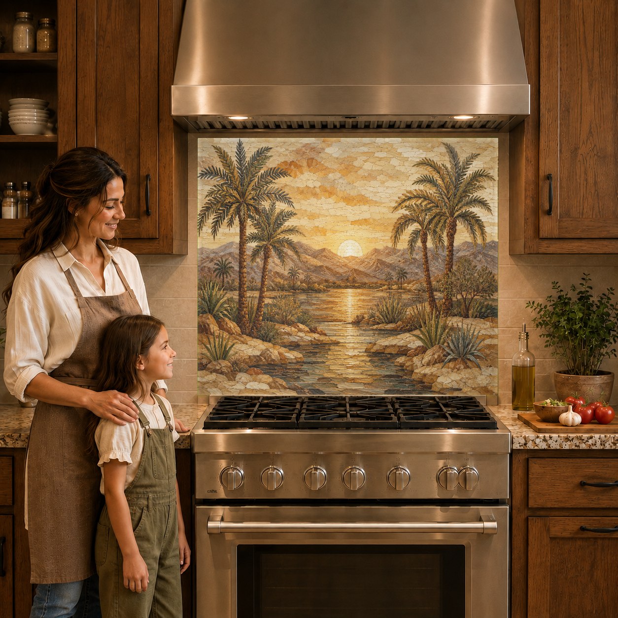 Geometric Art Deco sunrise glass backsplash panel protecting the wall behind a sleek induction cooktop.
