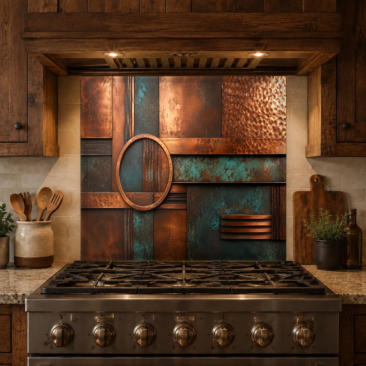 Full-height patina copper glass backsplash installed between kitchen cabinets