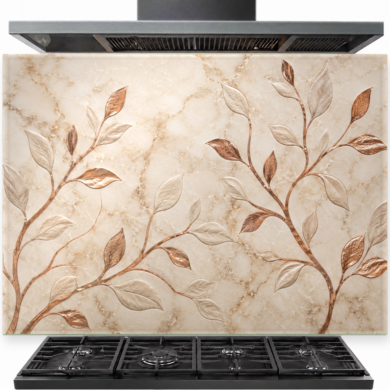 Copper leaves tempered glass backsplash installed behind a modern gas stove