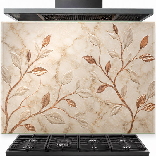 Copper leaves tempered glass backsplash installed behind a modern gas stove