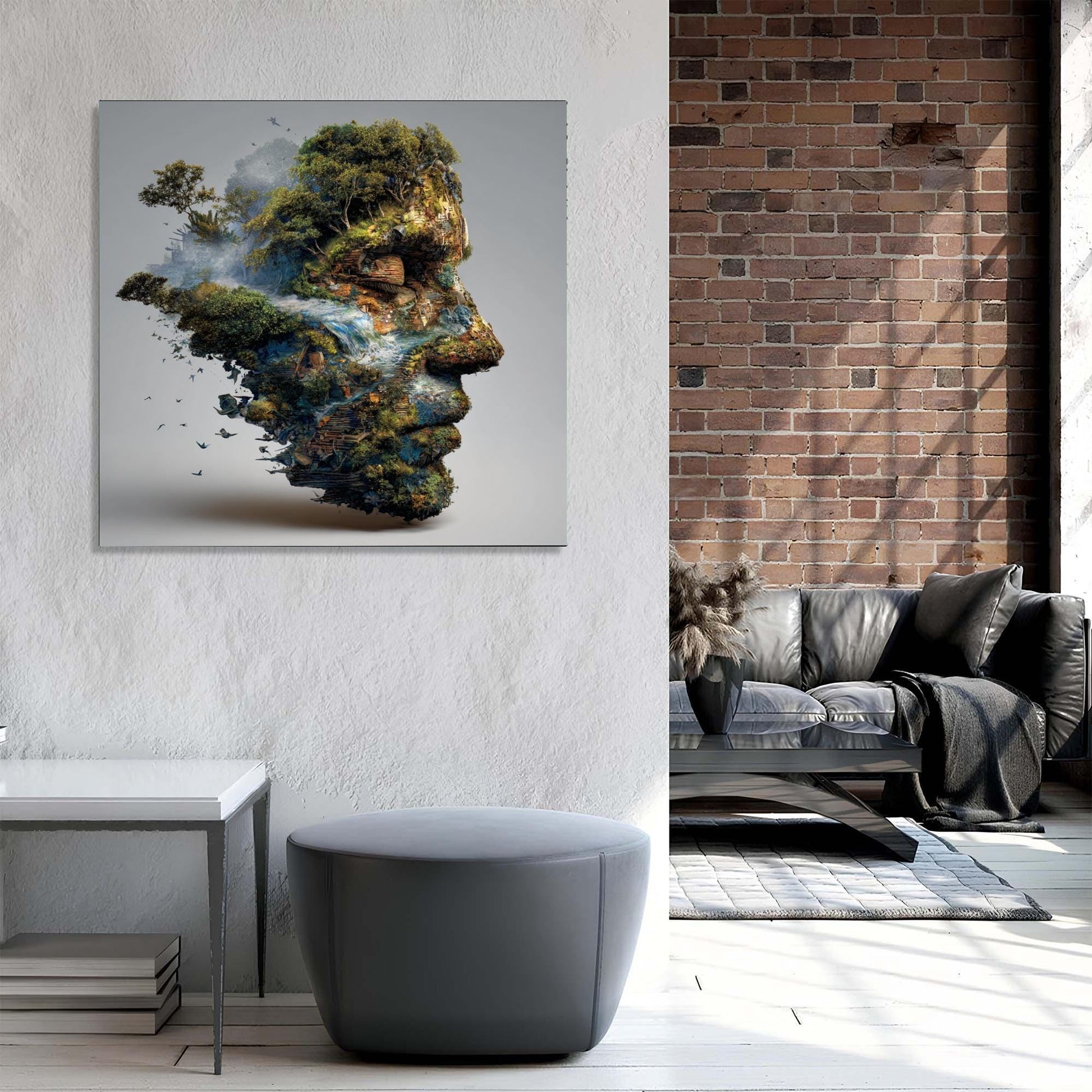 Modern living room with a unique wall art piece and a gray sofa.