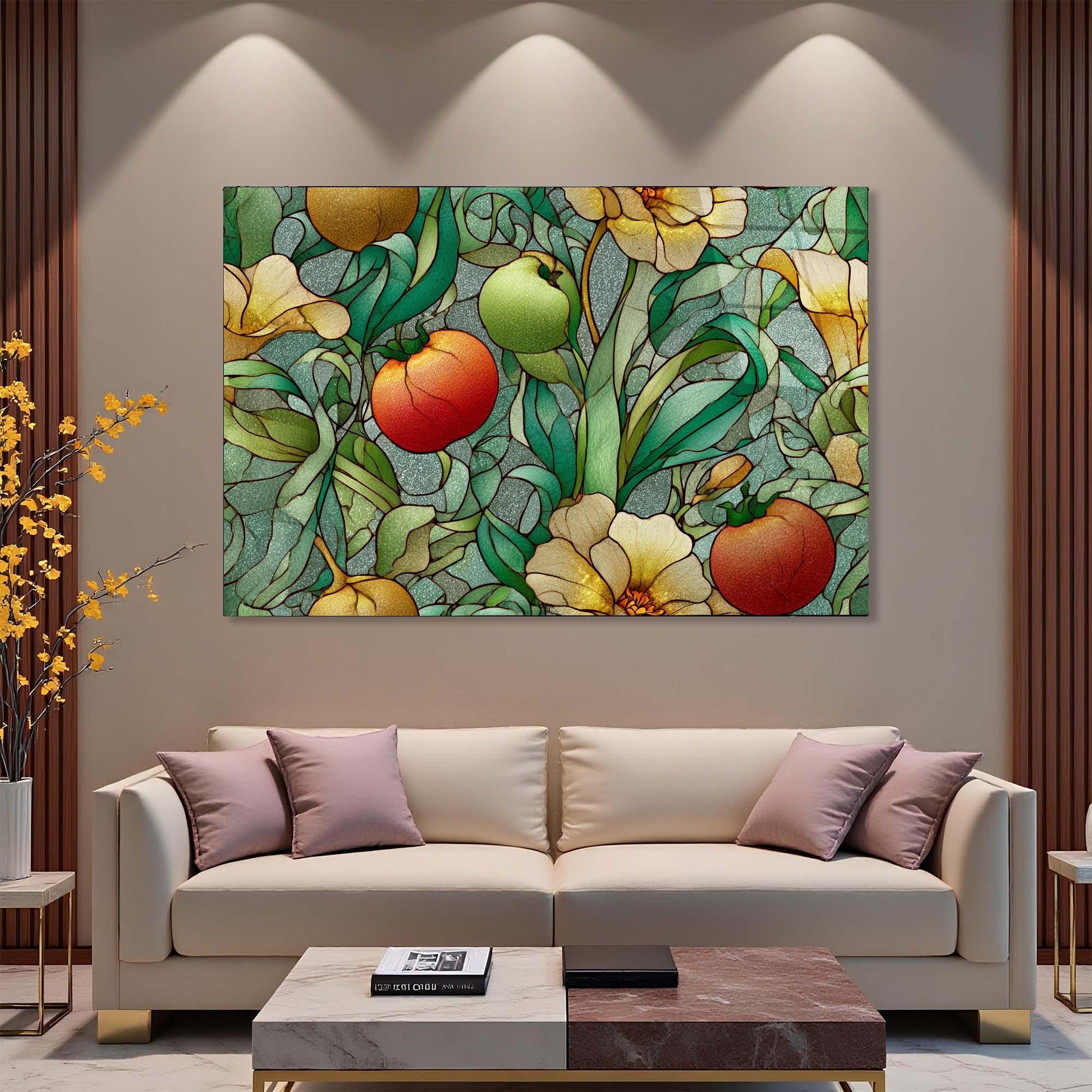 Decorative painting of fruits and flowers on a wall above a beige sofa.