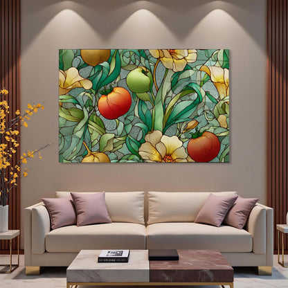 Decorative painting of fruits and flowers on a wall above a beige sofa.