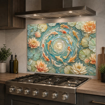 Vibrant golden koi glass backsplash panel protecting the wall behind a contemporary kitchen sink.