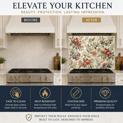 Hygienic fruit-themed glass backsplash protecting the wall behind a stainless steel kitchen sink.