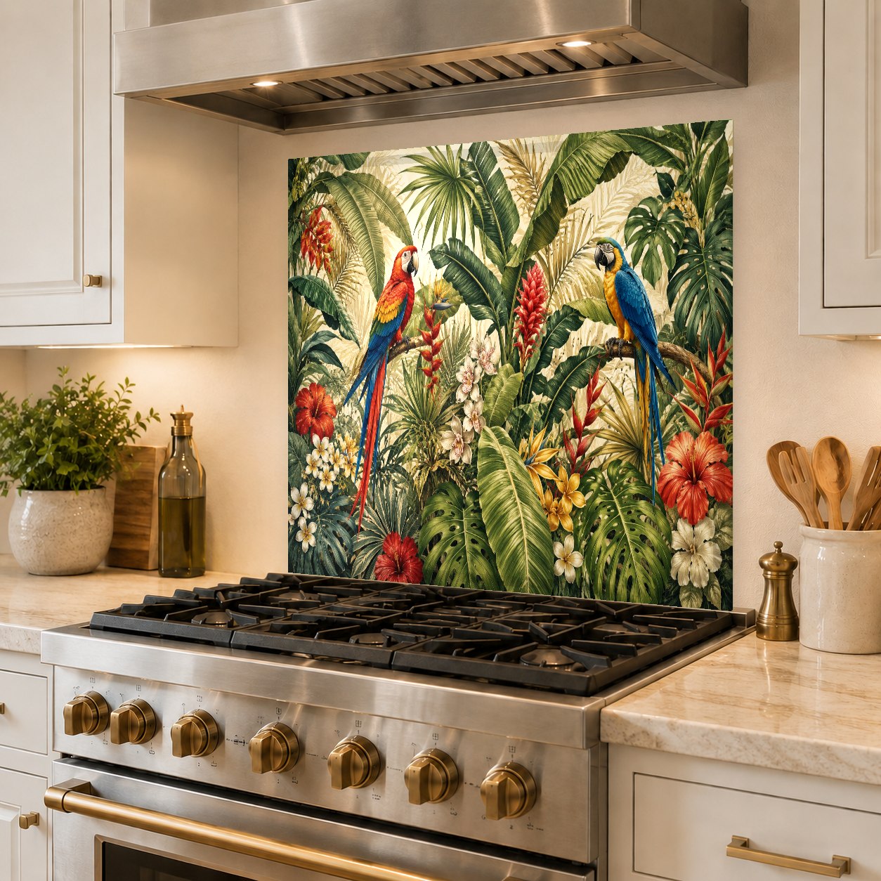 Sleek tempered glass kitchen backsplash with vibrant parrot artwork behind range