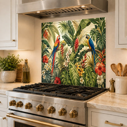 Sleek tempered glass kitchen backsplash with vibrant parrot artwork behind range