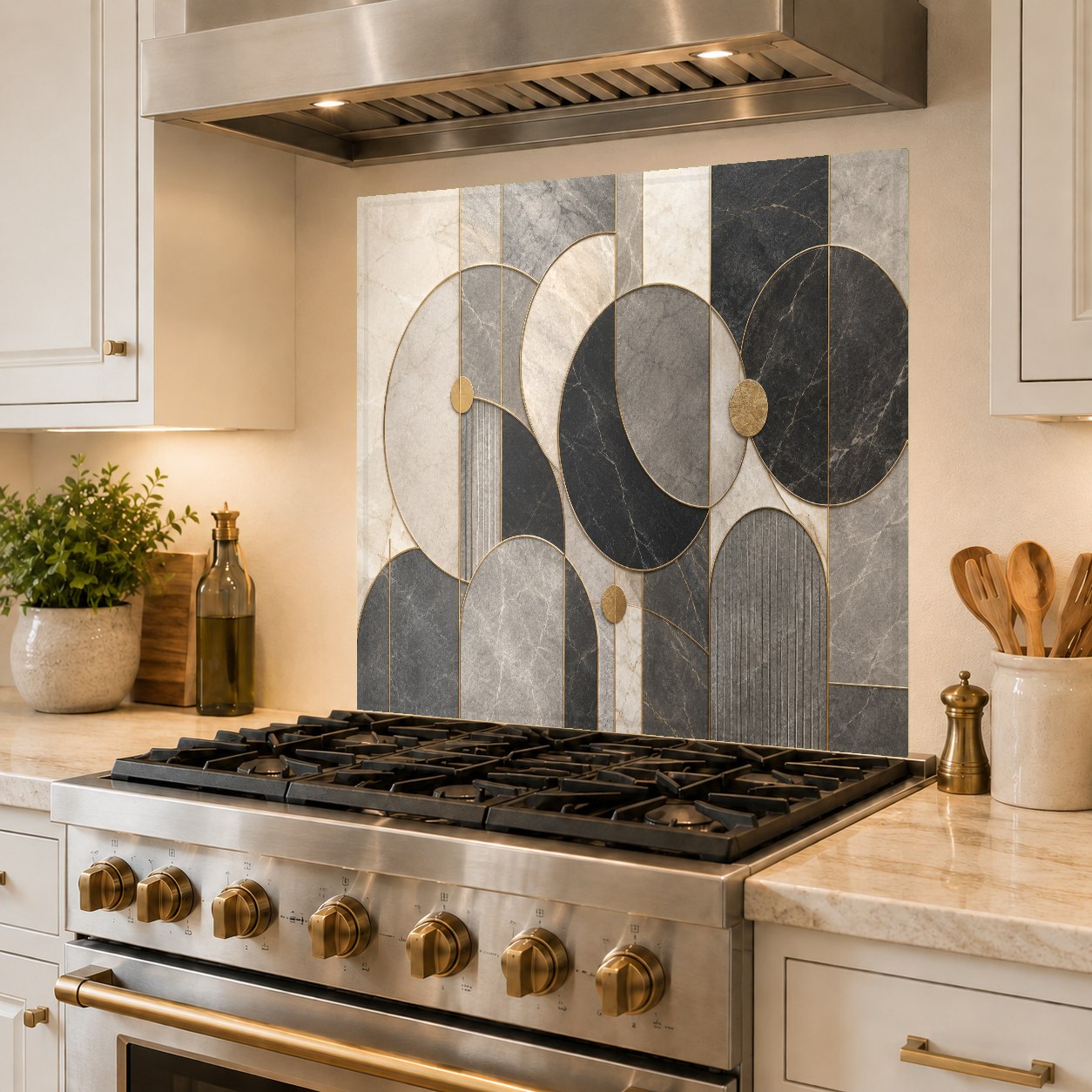 Sleek geometric luxe glass panel providing a seamless, grout-free backsplash behind a kitchen cooktop.