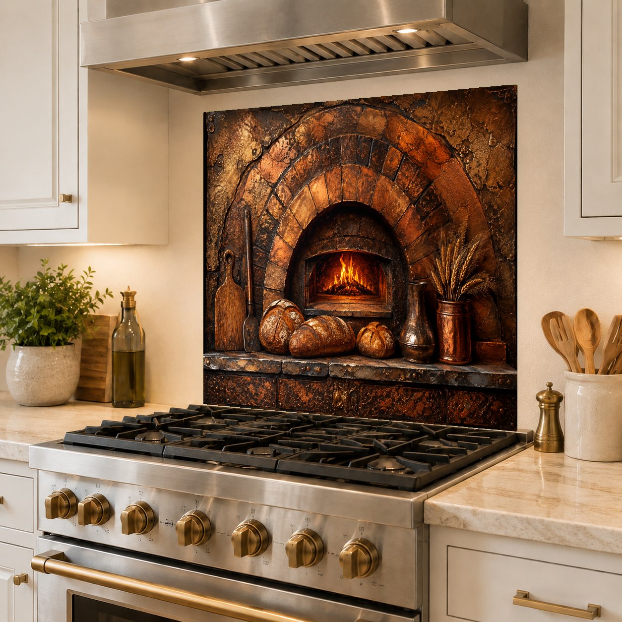 Easy-to-clean glass backsplash panel with a cozy hearth pattern installed behind a stove.