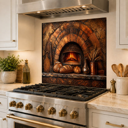 Easy-to-clean glass backsplash panel with a cozy hearth pattern installed behind a stove.