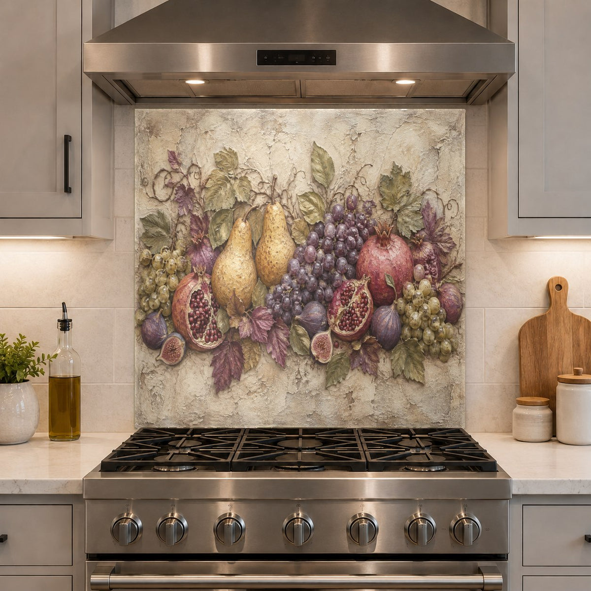 Bright fruit pattern glass panel installed as a kitchen accent wall