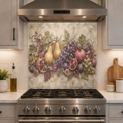 Bright fruit pattern glass panel installed as a kitchen accent wall