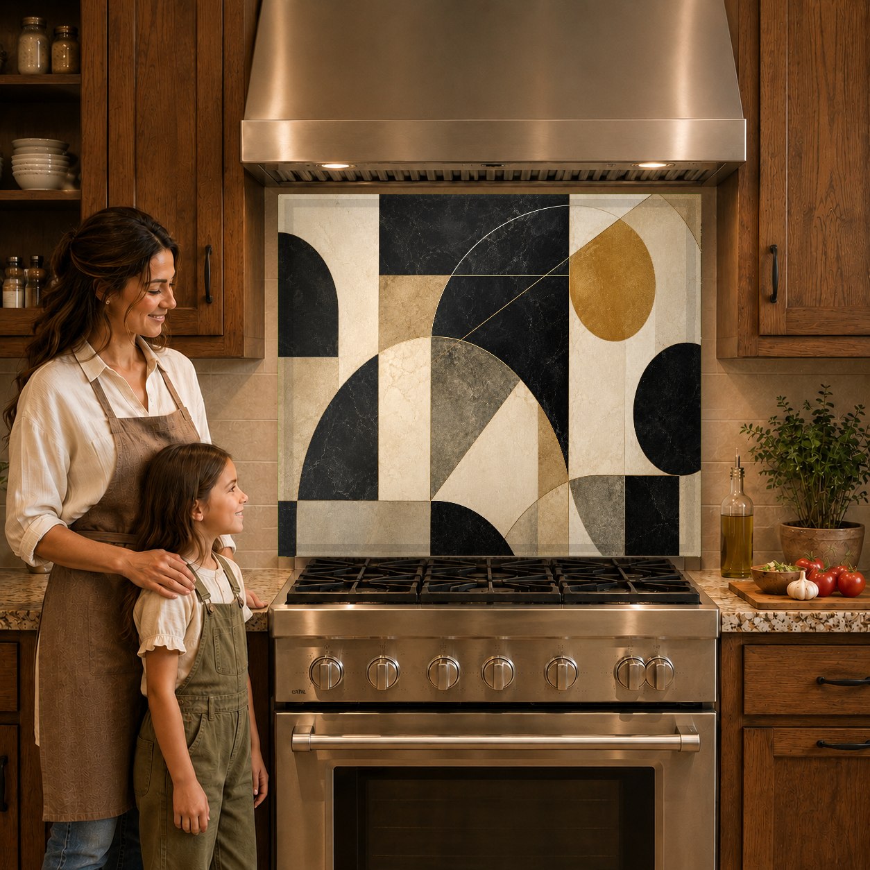 Close-up of a geometric pattern kitchen backsplash panel protecting the wall behind a high-end gas stove.