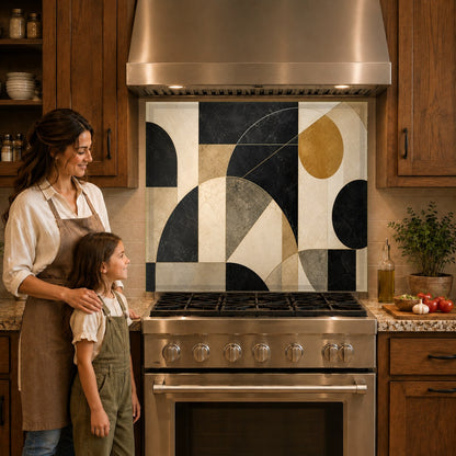Close-up of a geometric pattern kitchen backsplash panel protecting the wall behind a high-end gas stove.