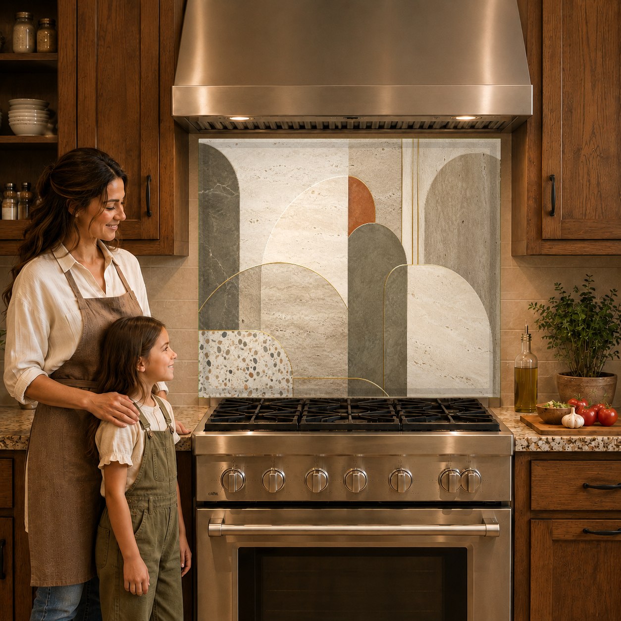 Sleek fluid art glass backsplash protecting the wall behind a kitchen cooktop.