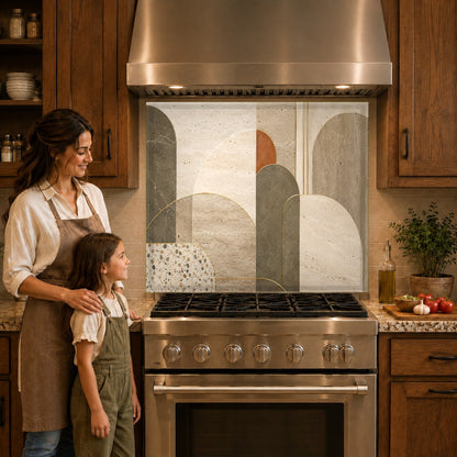 Sleek fluid art glass backsplash protecting the wall behind a kitchen cooktop.