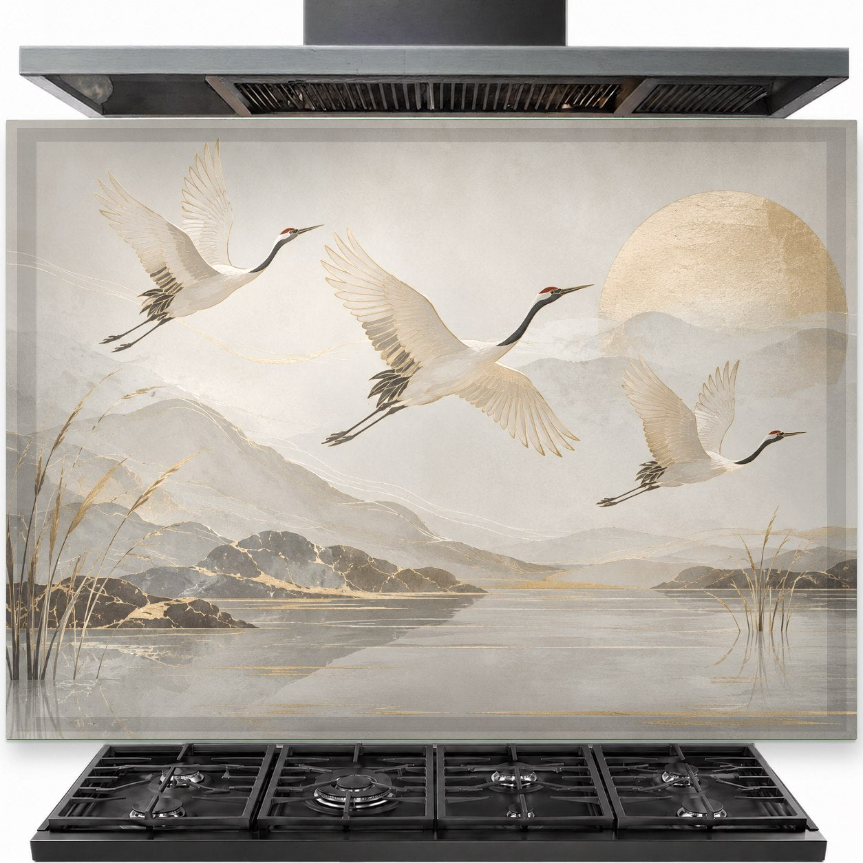 Birds tempered glass kitchen backsplash installed behind a modern gas stove