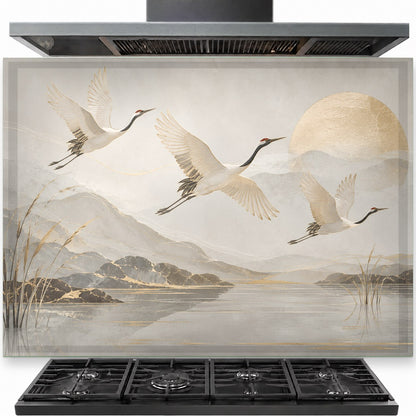 Birds tempered glass kitchen backsplash installed behind a modern gas stove
