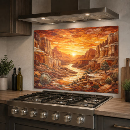 Canyon Sunset kitchen glass backsplash protecting the sink wall from water splashes