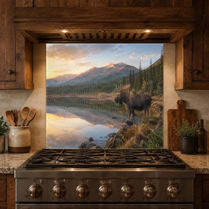 Easy-to-clean Lake Elk glass backsplash panel in a lodge-style kitchen with stone countertops.
