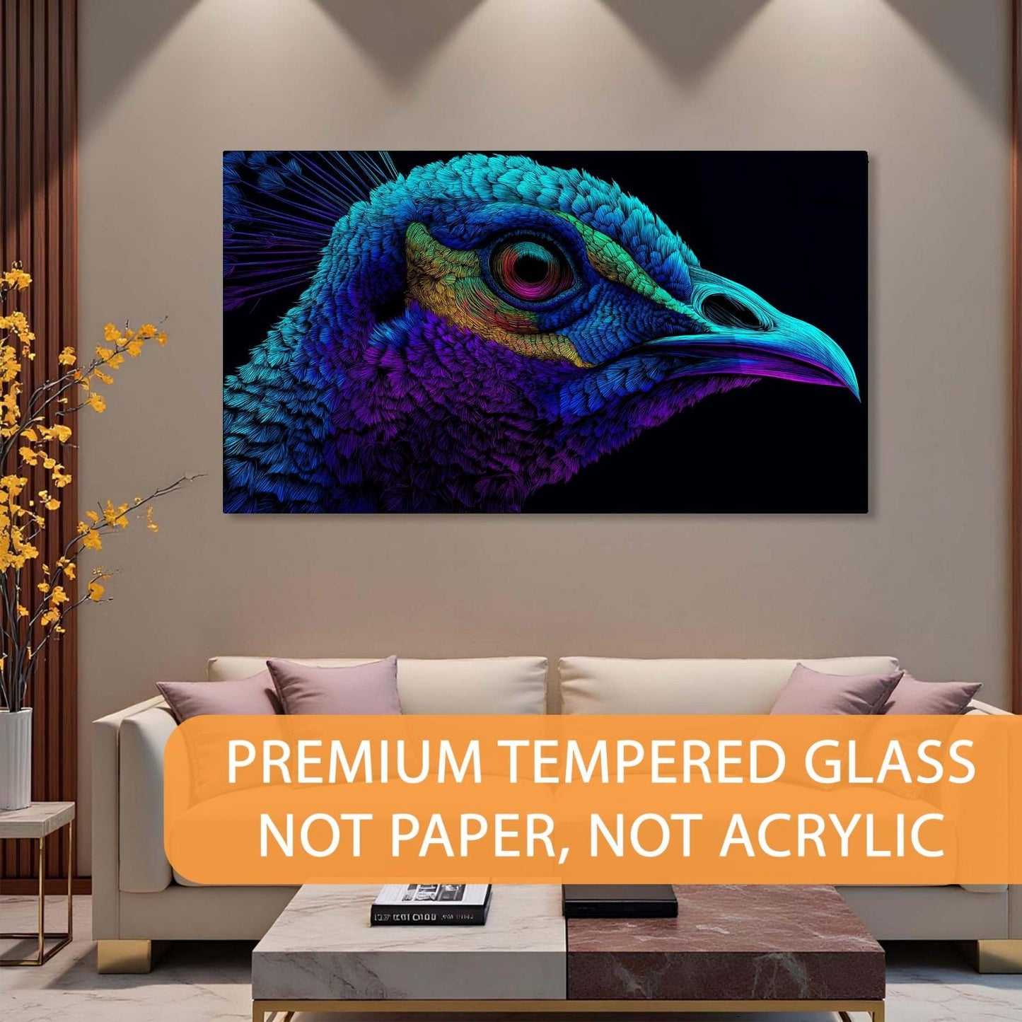 Living room with a colorful peacock painting on the wall, featuring text about premium tempered glass.