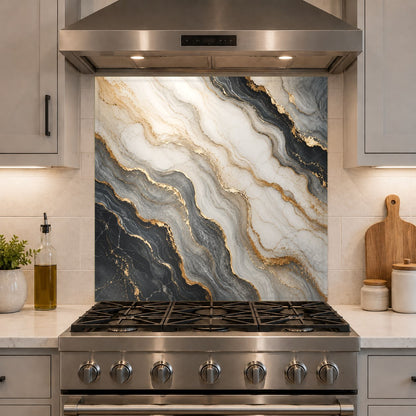 Custom sized marble flow tempered glass backsplash panel beautifully matching white kitchen countertops.