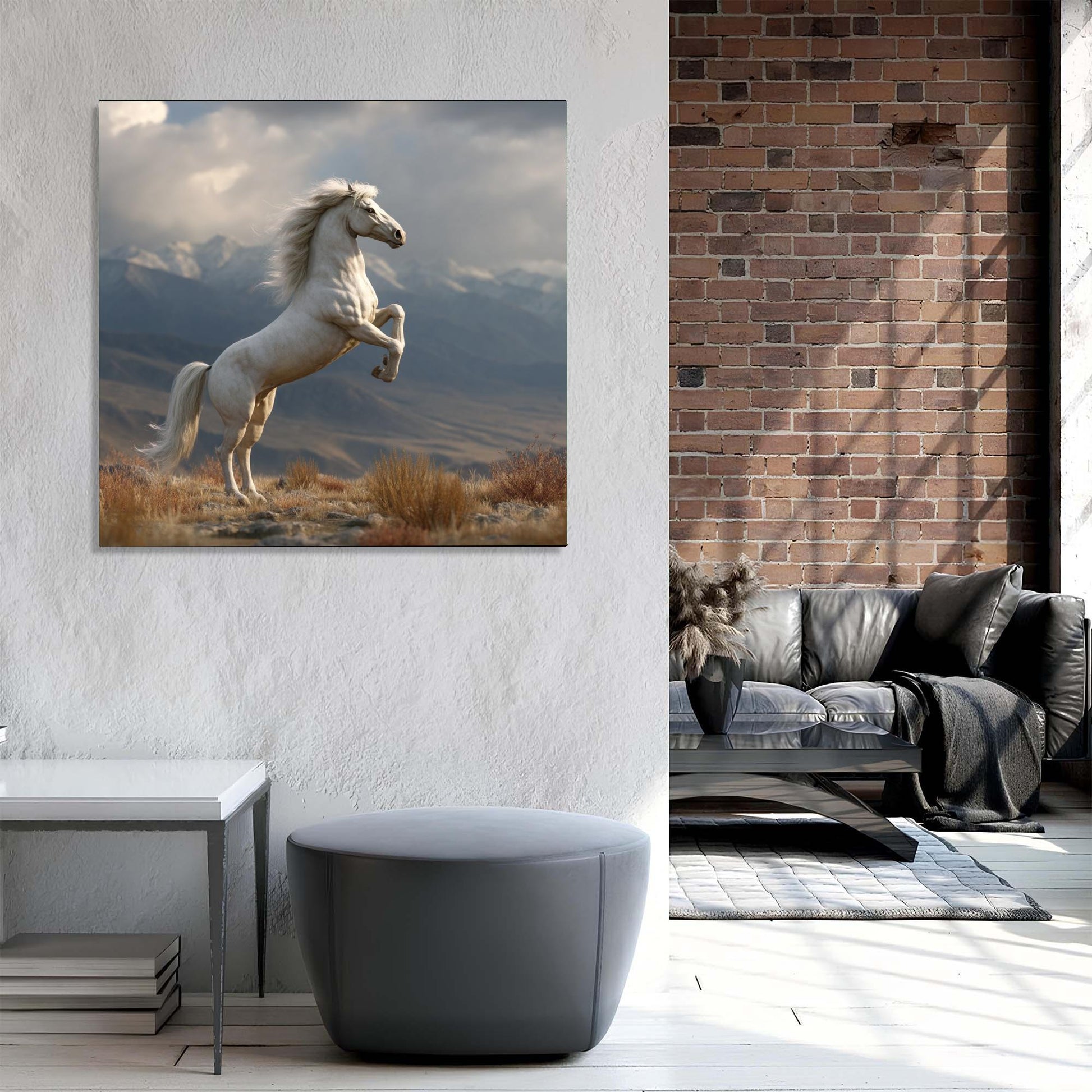 Living room with a horse painting on the wall, gray sofa, and modern decor.