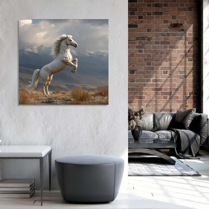 Living room with a horse painting on the wall, gray sofa, and modern decor.