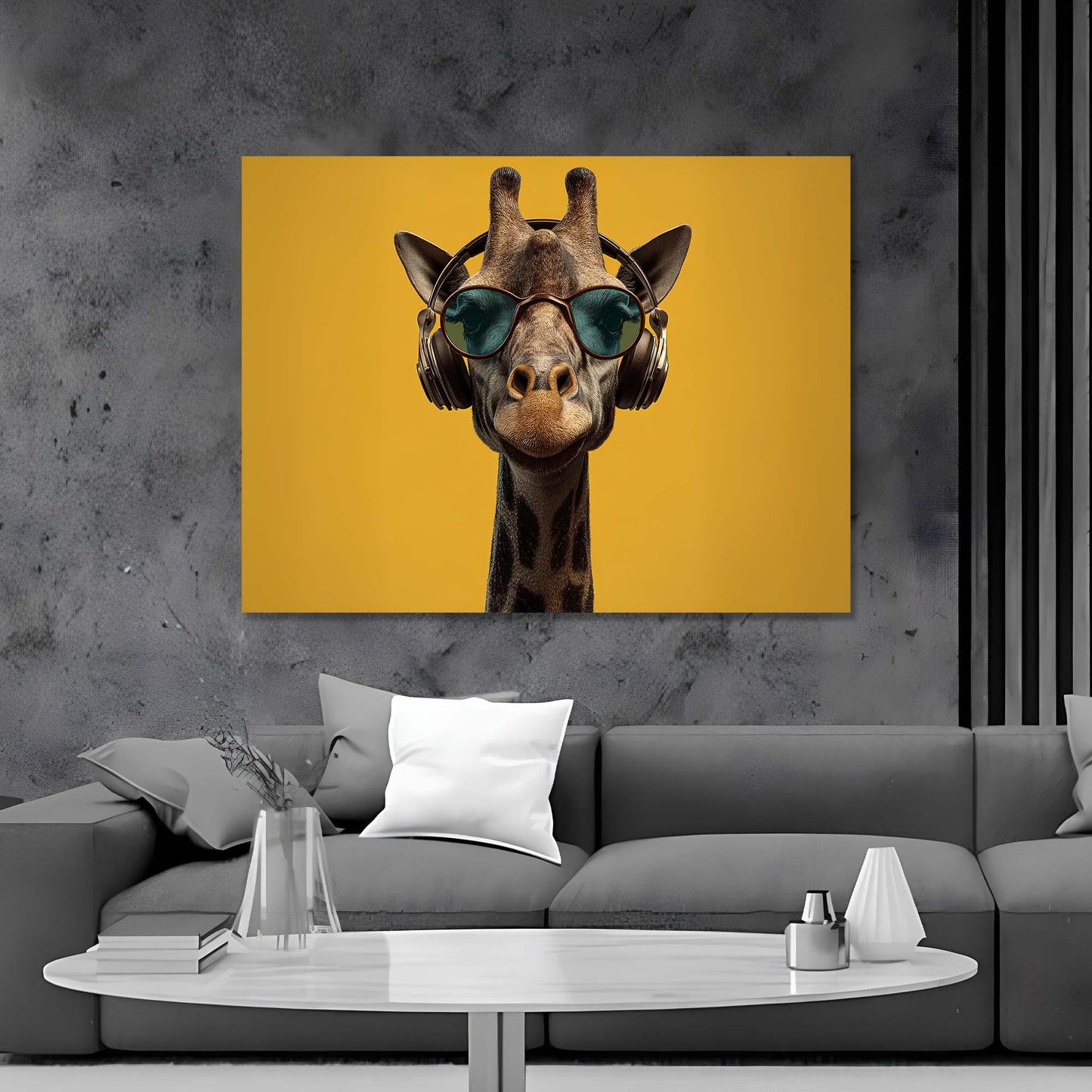Giraffe wearing sunglasses and headphones on a yellow background, displayed above a gray sofa.