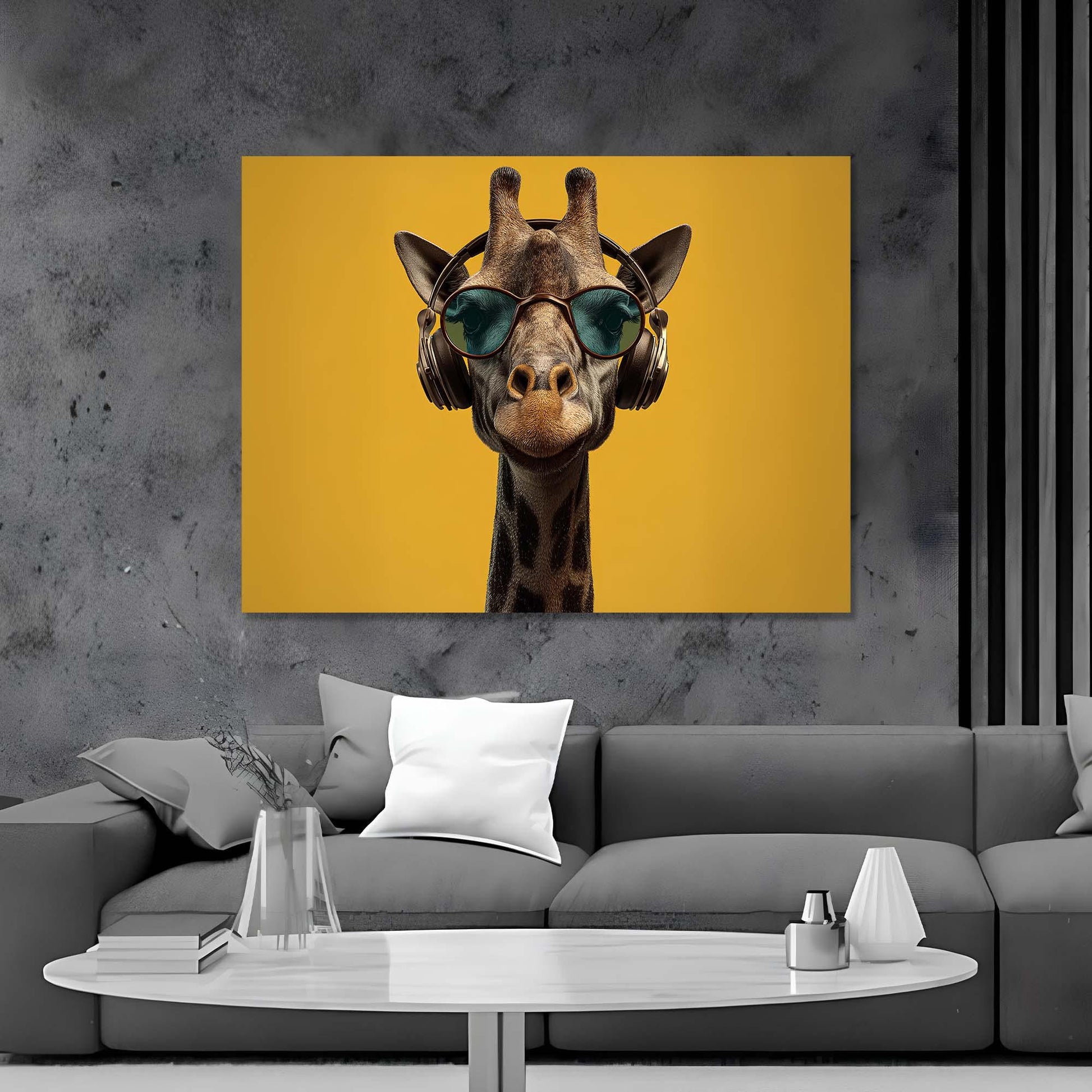 Giraffe wearing sunglasses and headphones on a yellow background, displayed above a gray sofa.