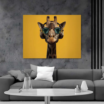 Giraffe wearing sunglasses and headphones on a yellow background, displayed above a gray sofa.