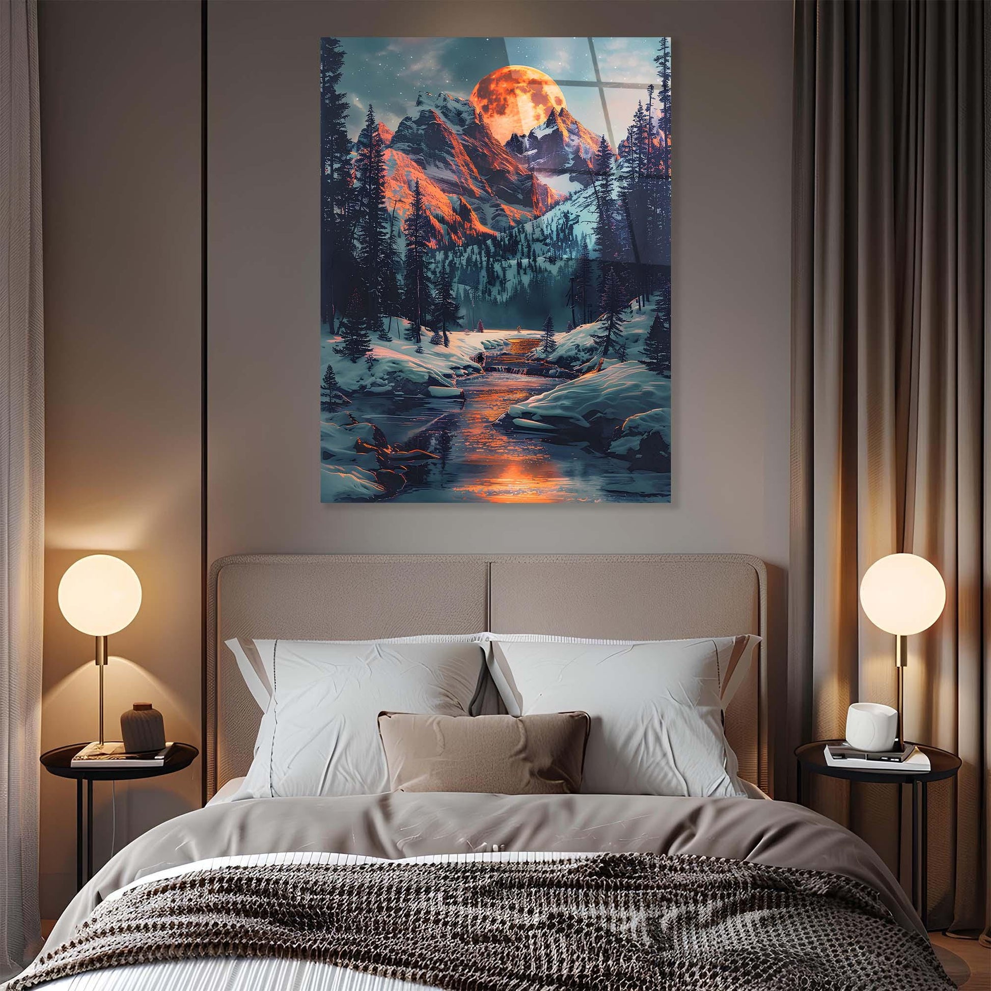 Bedroom with a large painting of a mountain landscape above the bed.