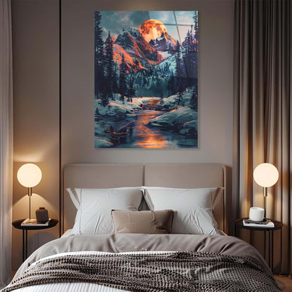 Bedroom with a large painting of a mountain landscape above the bed.