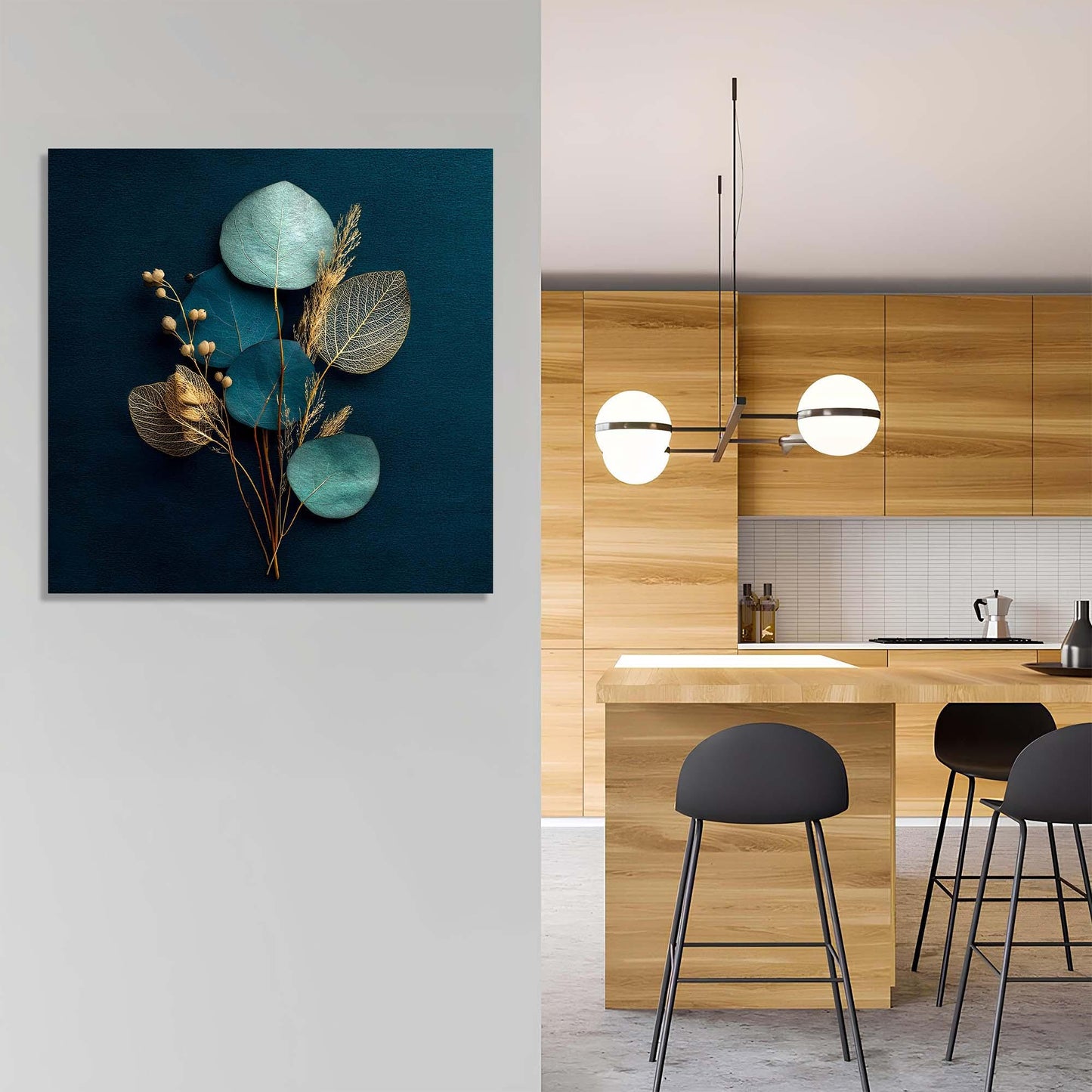 Modern kitchen with wooden cabinets, a hanging light fixture, and a decorative plant painting on the wall.