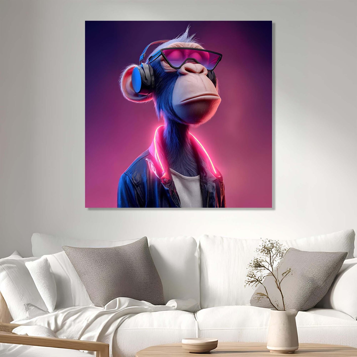 Futuristic monkey with headphones and sunglasses on a purple background in a modern living room.