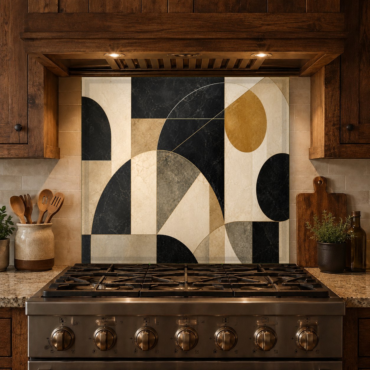 Contemporary geometric glass backsplash panel adding a clean, artistic touch to a modern kitchen island.