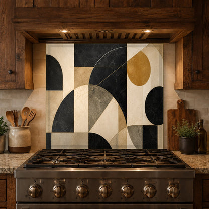 Contemporary geometric glass backsplash panel adding a clean, artistic touch to a modern kitchen island.